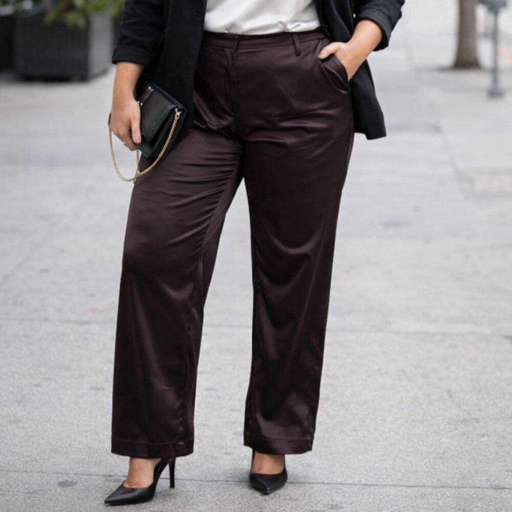 NWT St. John Evening Kate Liquid Satin Side-Zip Pants Cafe Brown Size 14